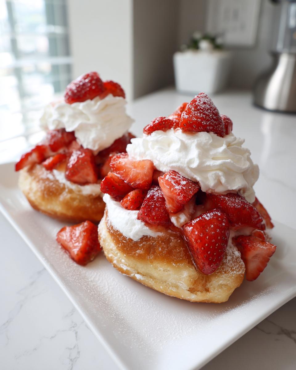 Two Strawberry Shortcake Donuts topped with fresh strawberries and whipped cream, dusted with powdered sugar.