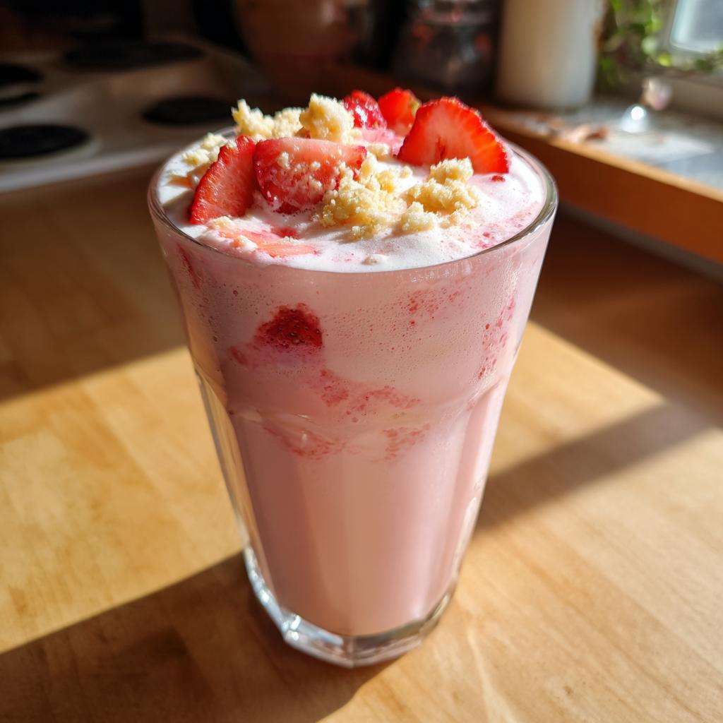 A refreshing Strawberry Shortcake Milkshake topped with sliced strawberries and crumble.