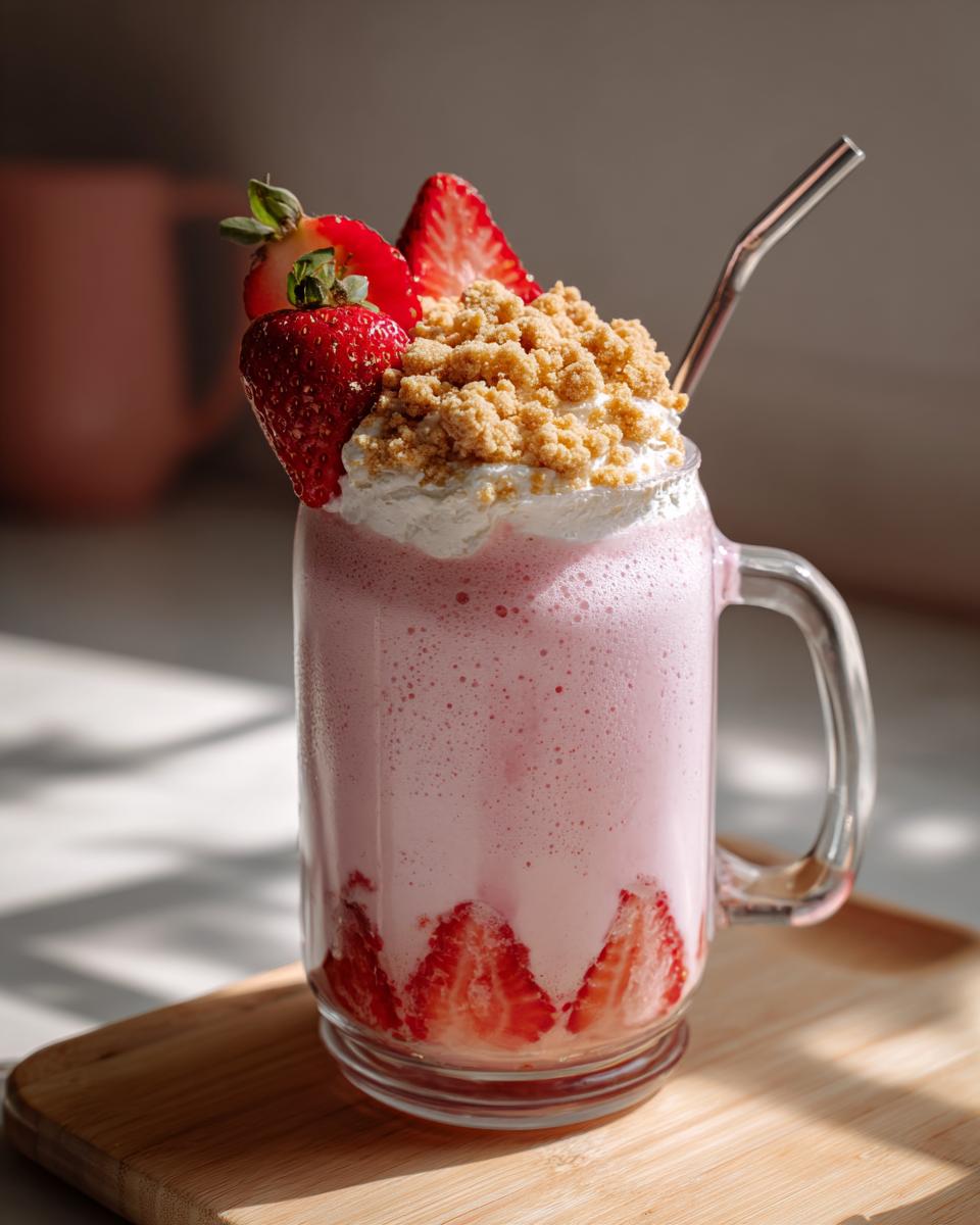 A delicious Strawberry Shortcake Milkshake topped with whipped cream, crumble, and fresh strawberries, served in a glass mug with a metal straw.