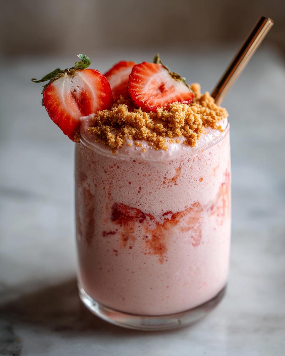 A refreshing Strawberry Shortcake Milkshake topped with fresh strawberries and cookie crumbs, served with a gold straw.