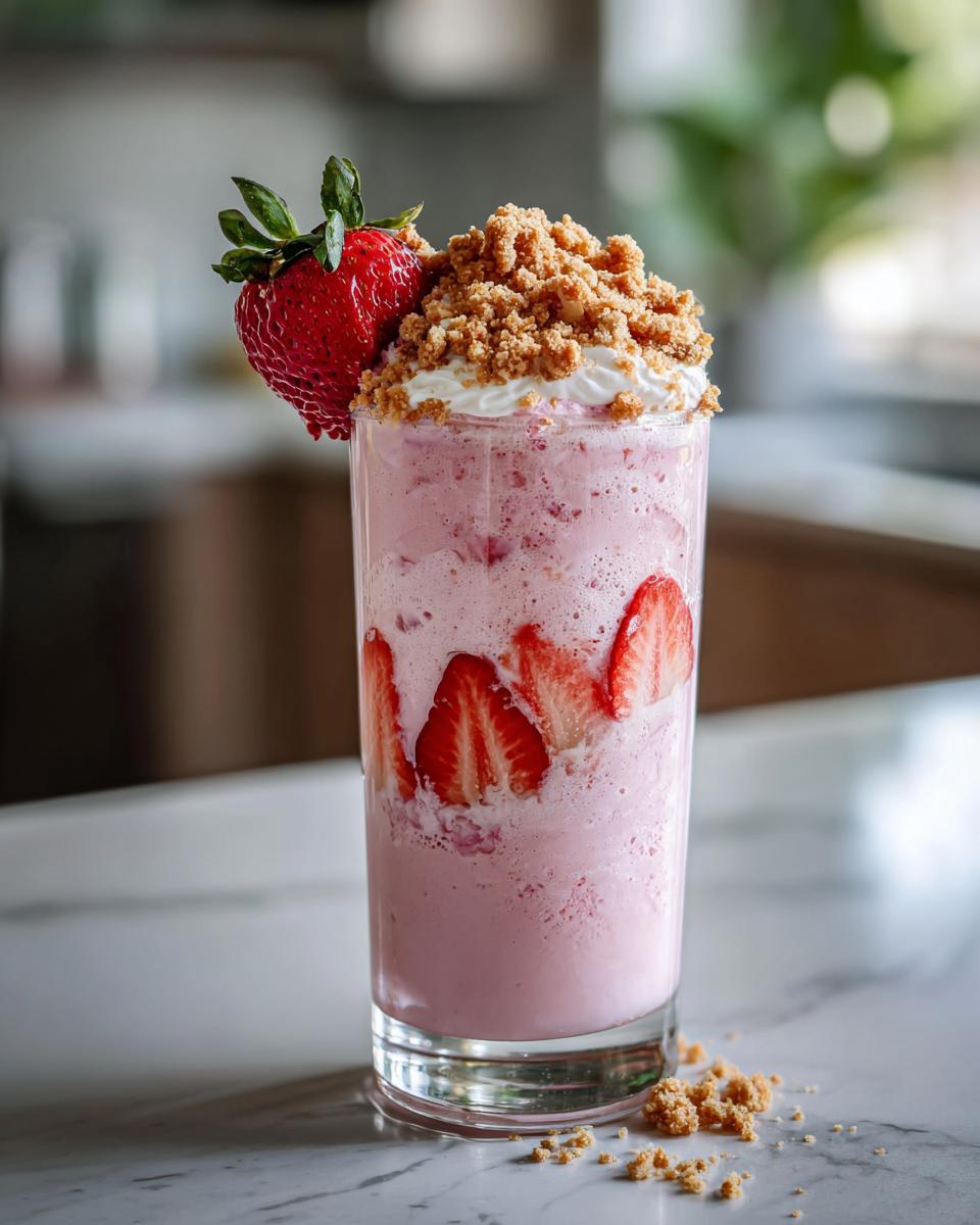A tall glass of Strawberry Shortcake Milkshake topped with whipped cream, crumble, and a fresh strawberry.