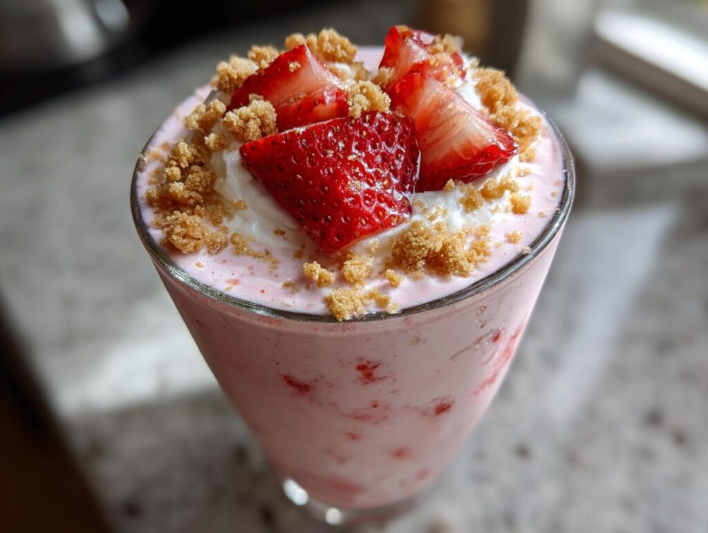 A close-up of a delicious Strawberry Shortcake Milkshake topped with whipped cream, fresh strawberries, and cookie crumbs.