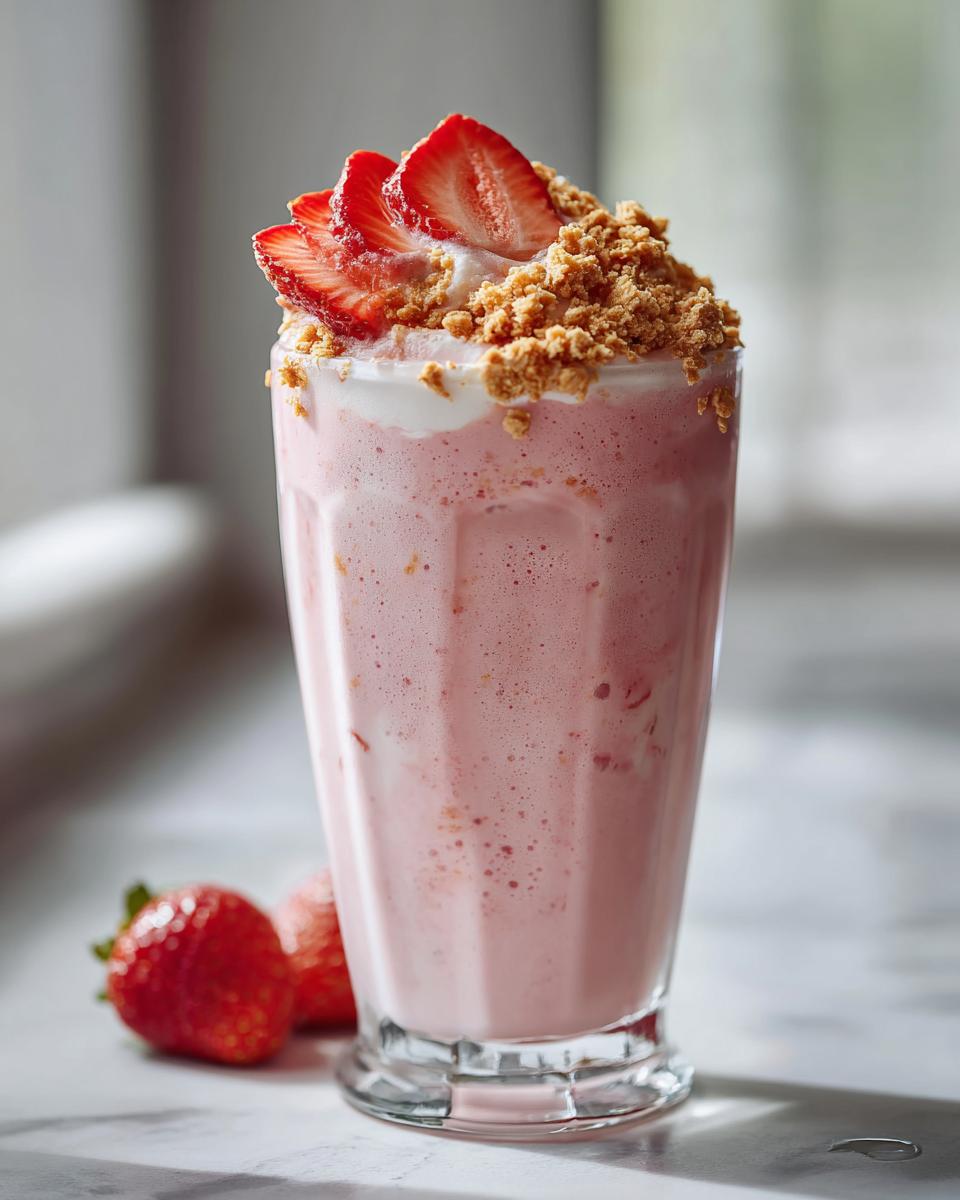 A tall glass filled with a pink Strawberry Shortcake Milkshake, topped with whipped cream, crumbled shortcake, and fresh strawberry slices.