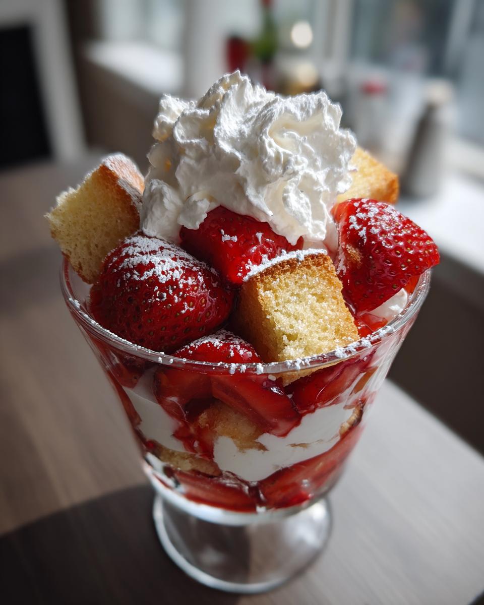 Close-up of a Strawberry Shortcake Parfait Cup filled with layers of strawberries, cake, and whipped cream, topped with fresh strawberries and powdered sugar.
