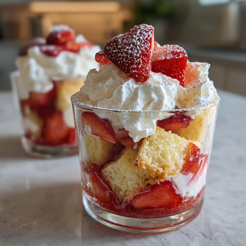 Close-up of a Strawberry Shortcake Parfait Cup filled with cake, strawberries, and whipped cream, dusted with powdered sugar.