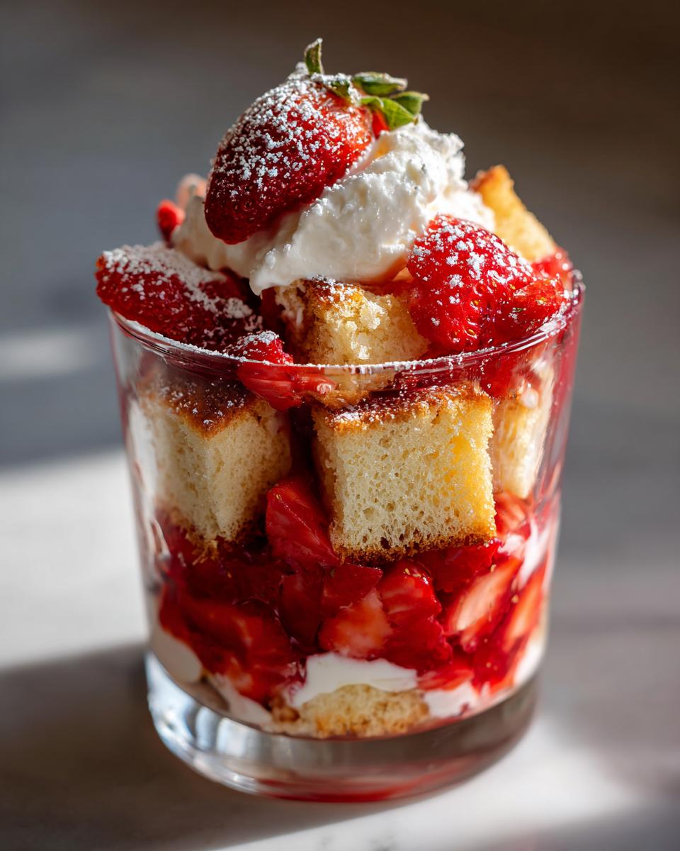 A close-up of a Strawberry Shortcake Parfait Cup layered with fresh strawberries, cake pieces, and whipped cream, dusted with powdered sugar.