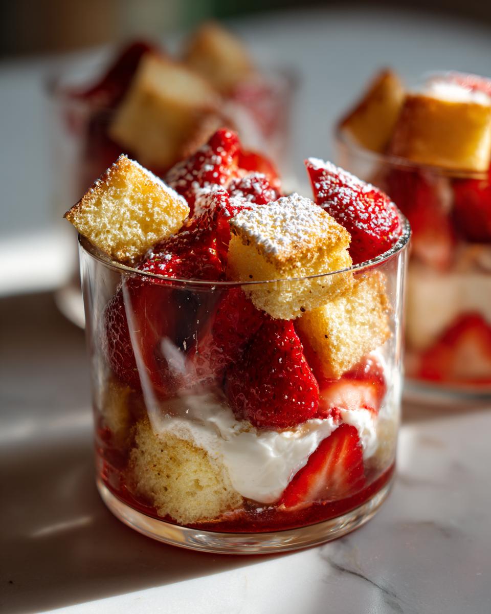 Close-up of individual Strawberry Shortcake Parfait Cups layered with cake, fresh strawberries, and whipped cream.