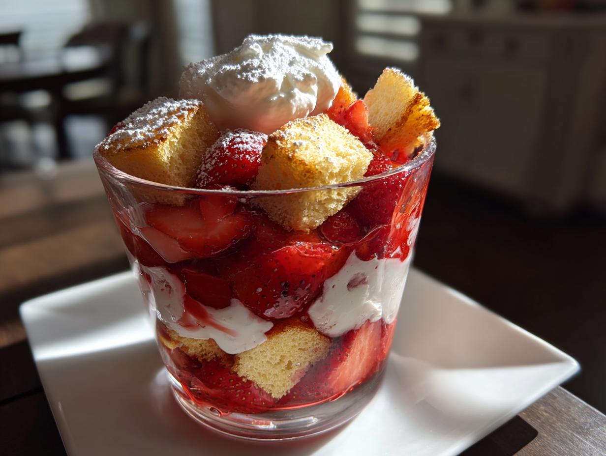 Close-up of a Strawberry Shortcake Parfait Cup layered with fresh strawberries, cake pieces, and whipped cream, dusted with powdered sugar.