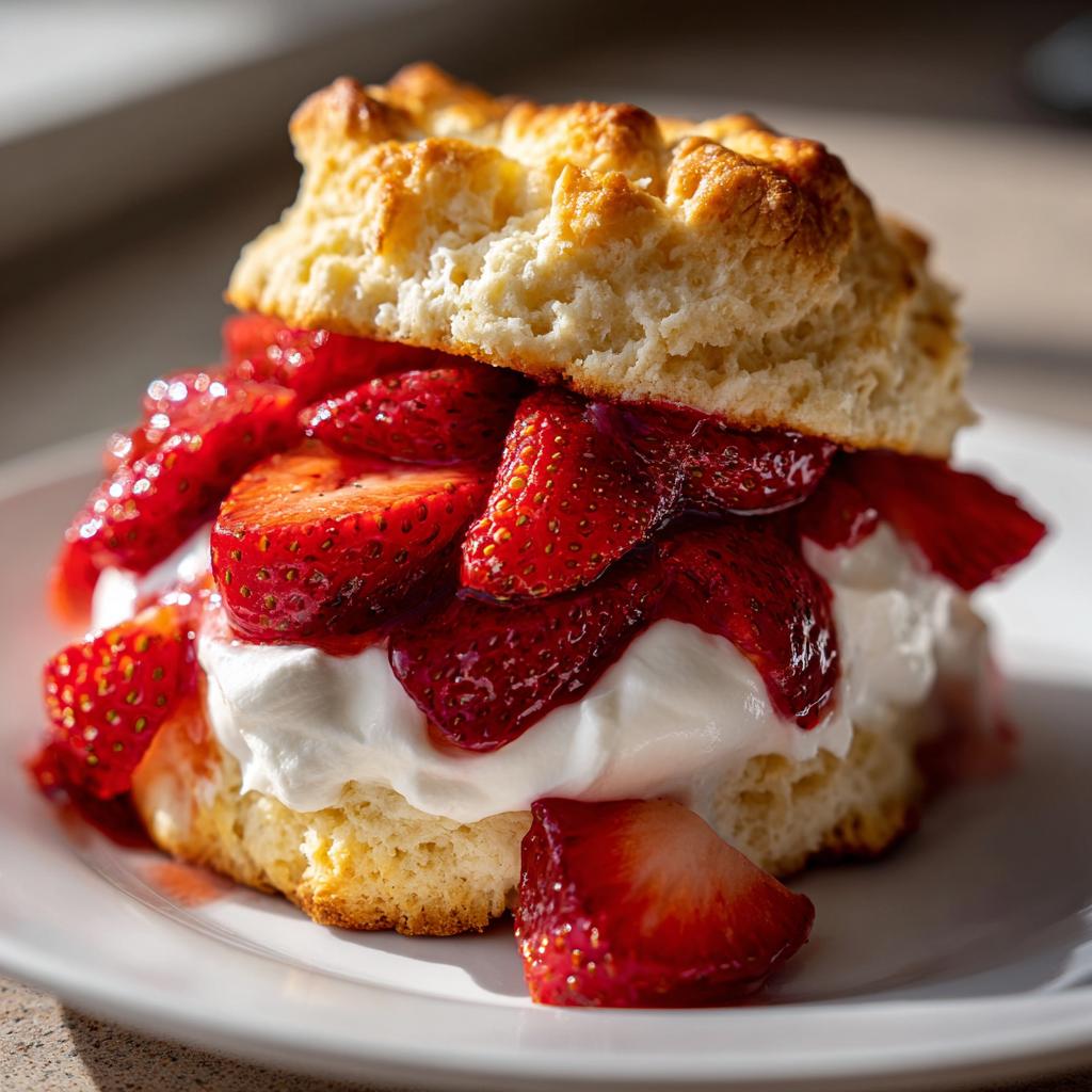 A close-up of a freshly made strawberry shortcake recipe with biscuit, whipped cream, and ripe strawberries.