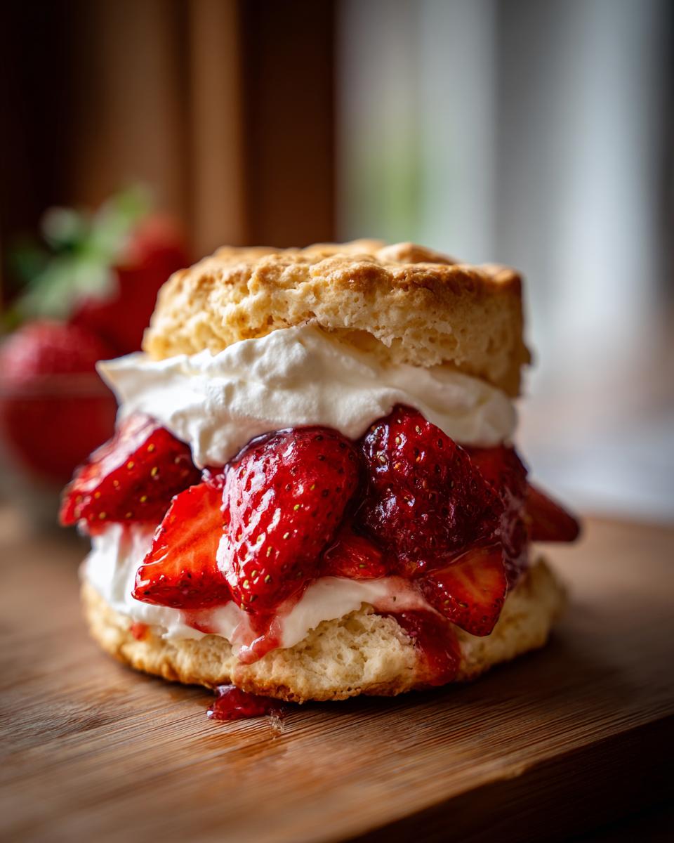 A close-up of a freshly made strawberry shortcake recipe featuring ripe strawberries and whipped cream.