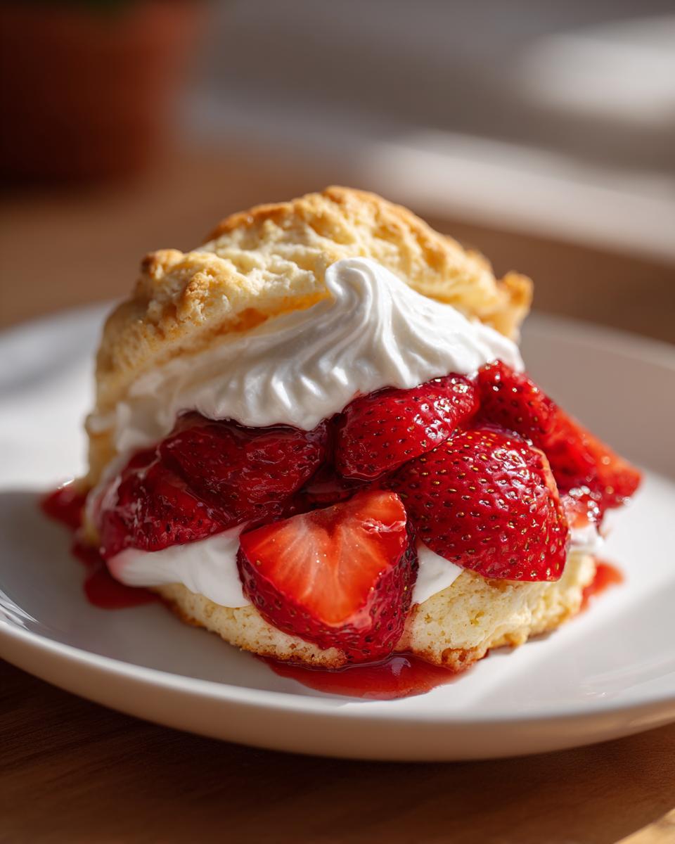 A close-up of a strawberry shortcake recipe dessert with biscuit, whipped cream, and fresh strawberries.