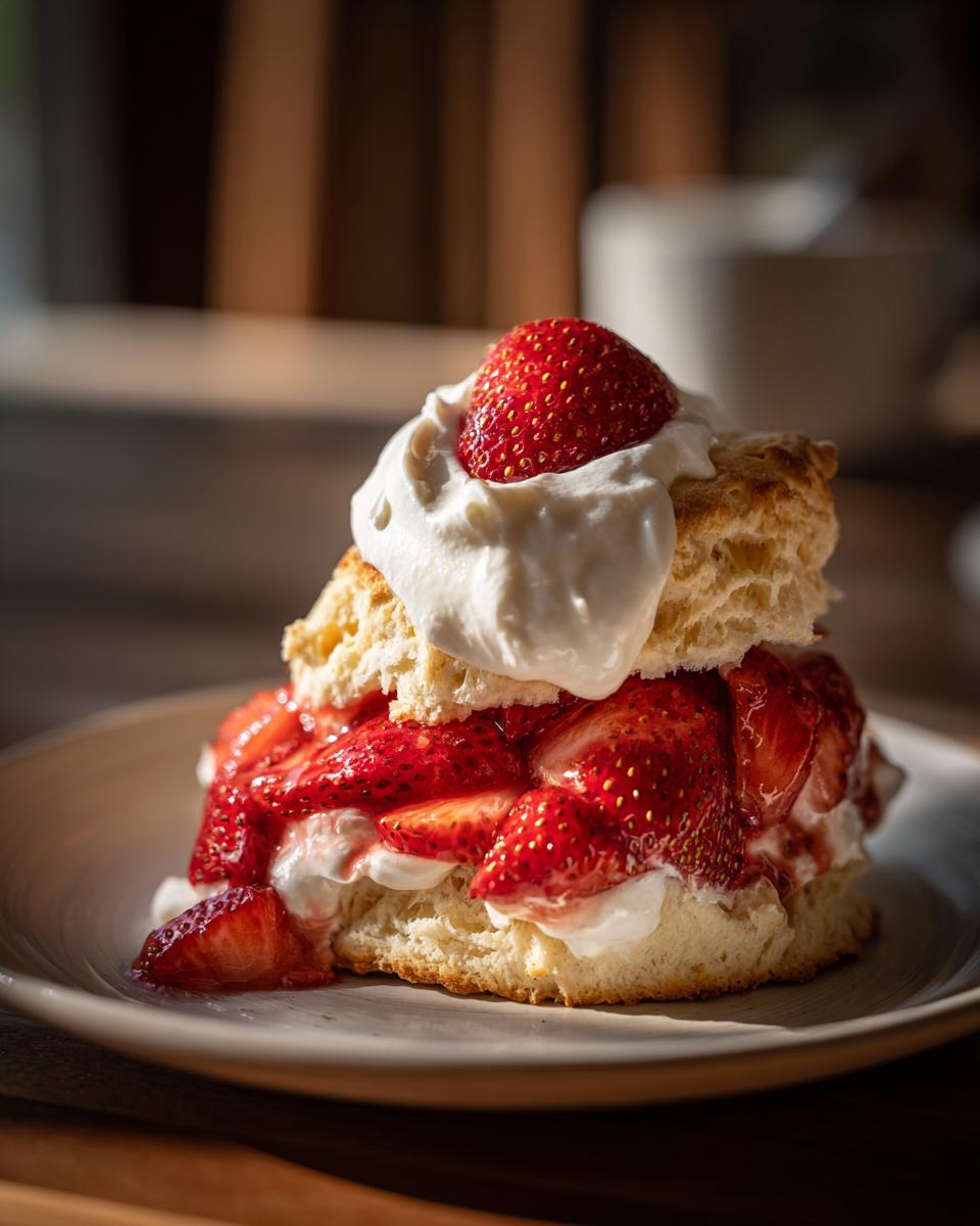 A delightful strawberry shortcake recipe dessert with fresh strawberries and whipped cream on a biscuit.