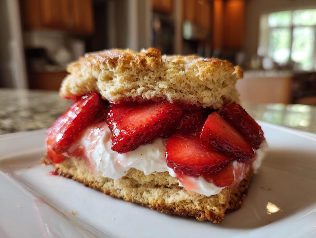 A slice of homemade strawberry shortcake recipe with fresh strawberries and whipped cream on a biscuit.