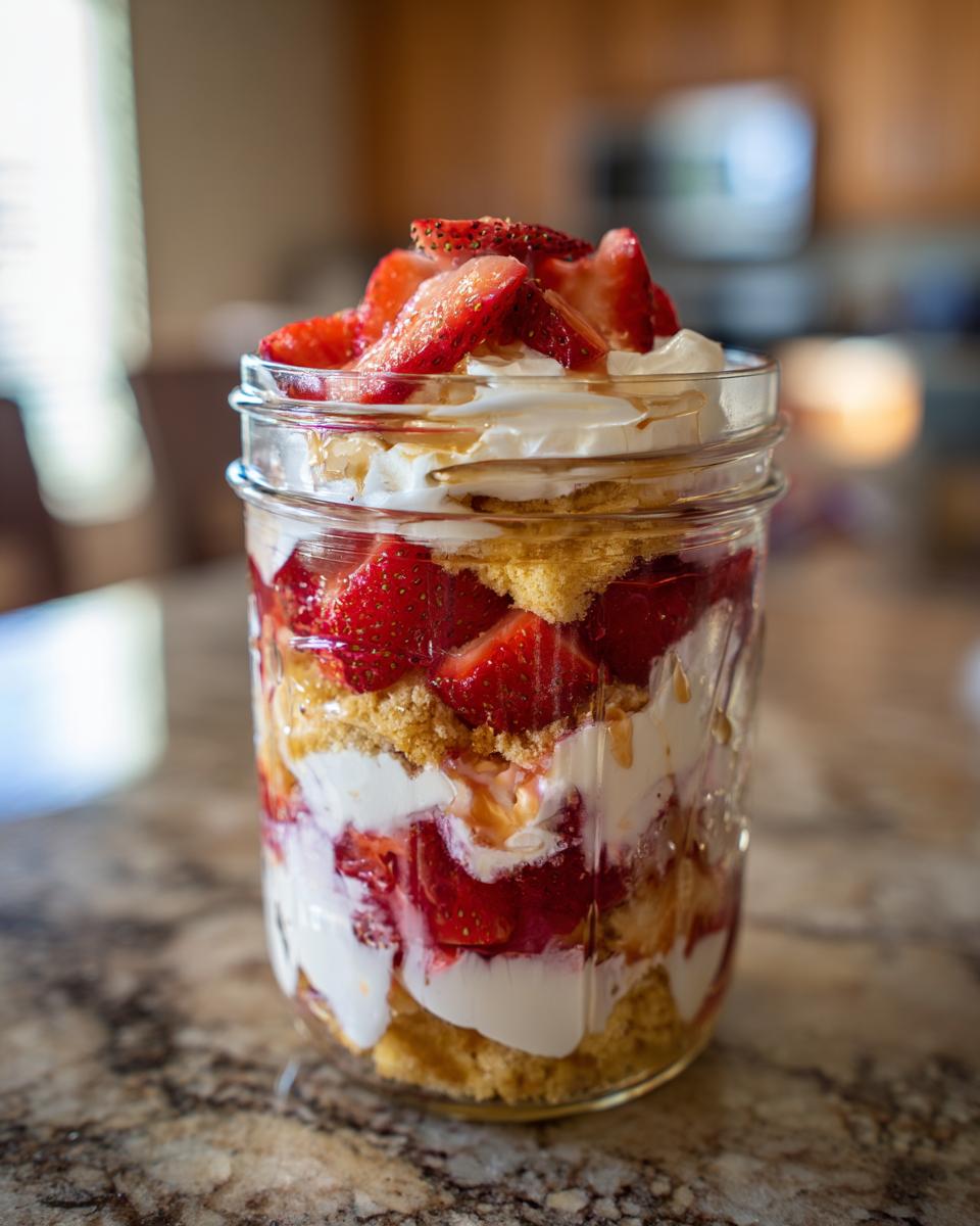 Close-up of a Strawberry Shortcake Trifle in a jar, layered with cake, whipped cream, and fresh strawberries.
