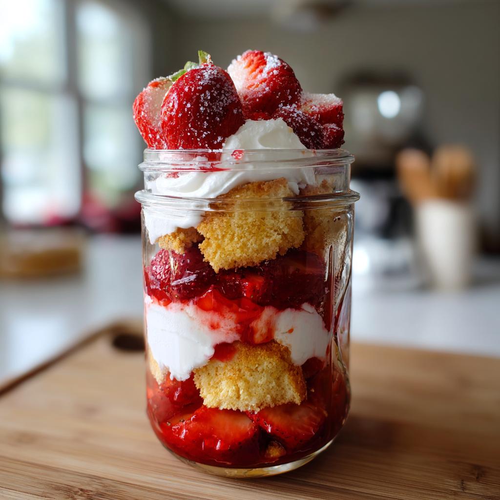 A close-up of a mason jar filled with layered Strawberry Shortcake Trifles, featuring cake, strawberries, and whipped cream.