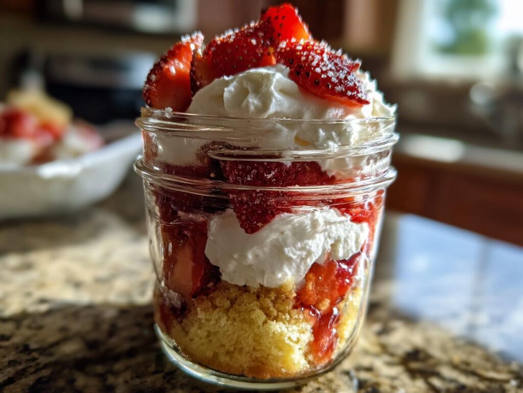 Close-up of a delicious Strawberry Shortcake Trifle in a jar, layered with cake, strawberries, and whipped cream.