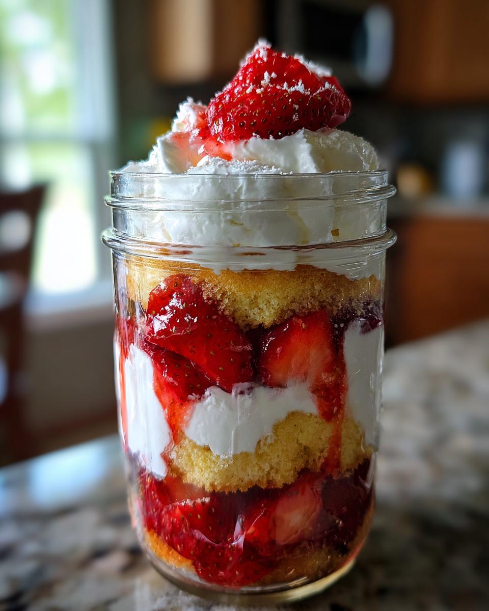 Close-up of a delicious Strawberry Shortcake Trifle in a jar, layered with cake, whipped cream, and fresh strawberries.