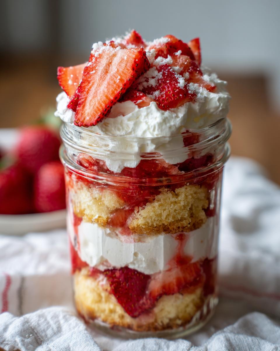 Close-up of a Strawberry Shortcake Trifle in a jar, layered with cake, whipped cream, and fresh strawberries.