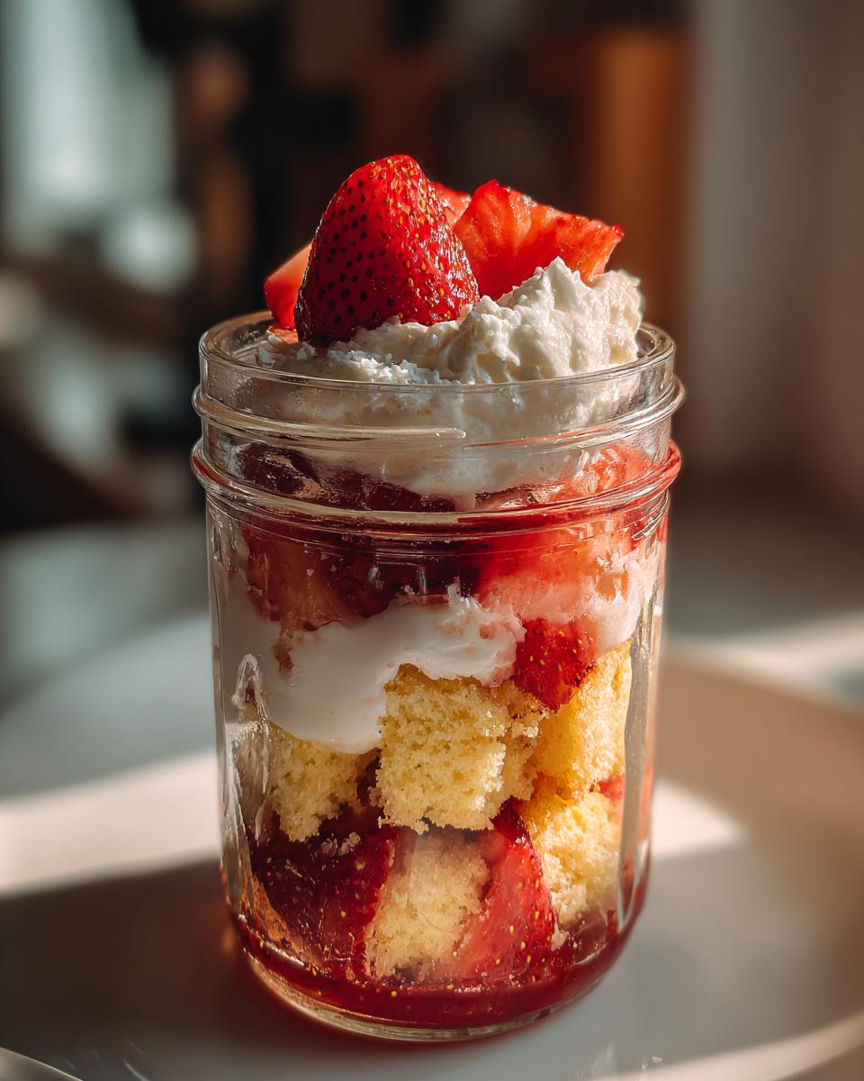 Close-up of Strawberry Shortcake Trifles in a Jar, layered with cake, strawberries, and whipped cream, topped with fresh strawberries.