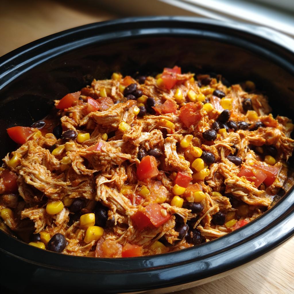 Summer crockpot recipe featuring shredded chicken, corn, black beans, and tomatoes in a slow cooker.