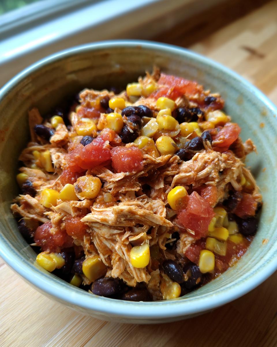 Bowl of summer crockpot recipe with shredded chicken, corn, black beans, and diced tomatoes.