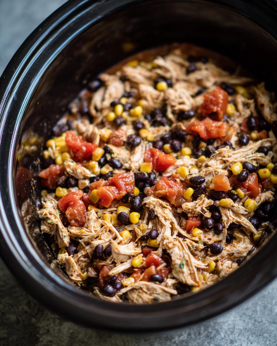 A summer crockpot recipe featuring shredded chicken, black beans, corn, and diced tomatoes.