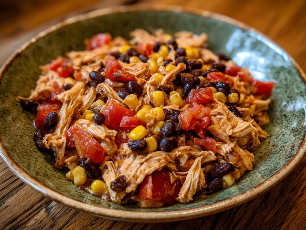 A vibrant bowl of chicken, corn, tomatoes, and black beans, perfect for summer crockpot recipes.