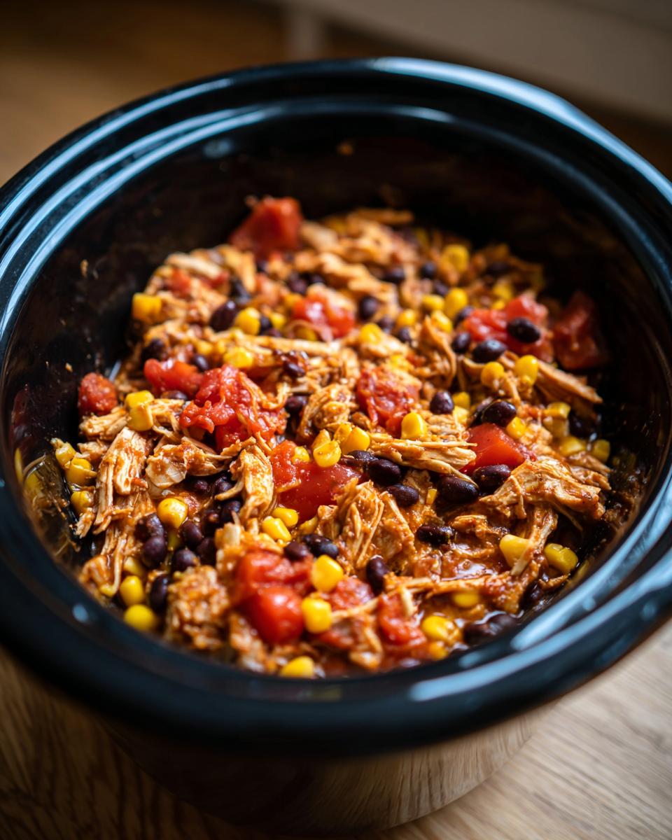 A crockpot filled with chicken taco filling, perfect for summer crockpot recipes. Includes chicken, corn, tomatoes, and black beans.