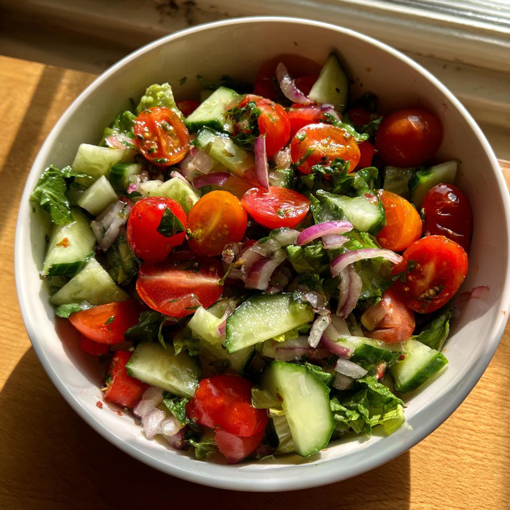 Bowl of fresh summer salad recipes featuring tomatoes, cucumbers, red onion, and lettuce.