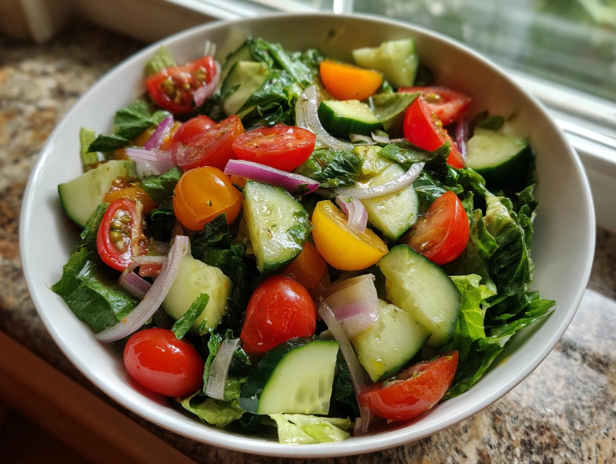 A vibrant bowl of summer salad recipes featuring tomatoes, cucumbers, red onion, and lettuce.