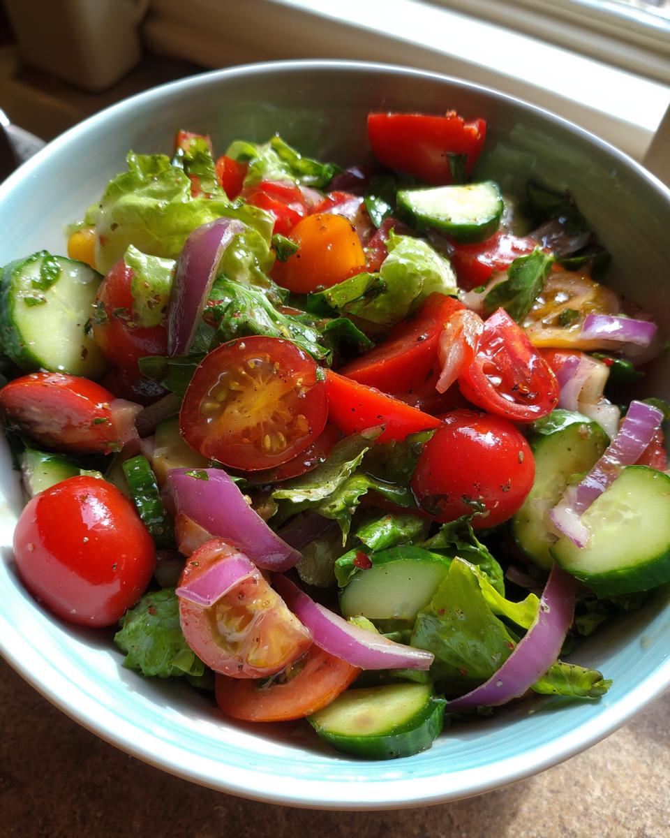 Vibrant summer salad recipes featuring fresh tomatoes, cucumbers, red onion, and lettuce in a light blue bowl.