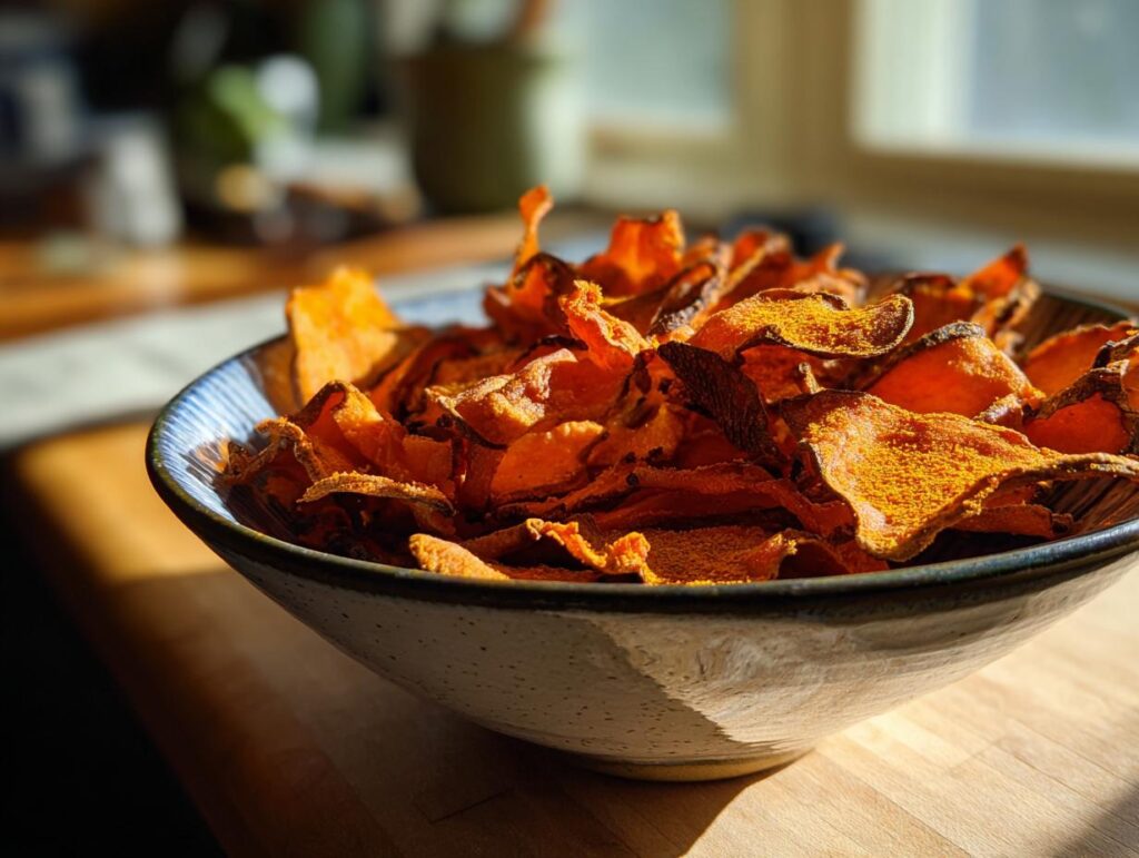 A bowl of homemade sweet potato chips, a delicious addition to global snack ideas fall.