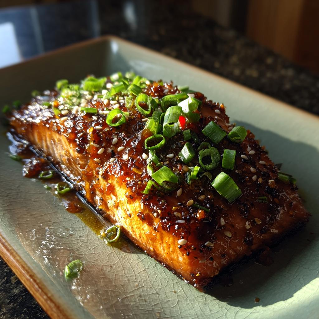 A delicious Sweet & Spicy Honey Garlic Salmon fillet, glazed and garnished with sesame seeds and green onions.
