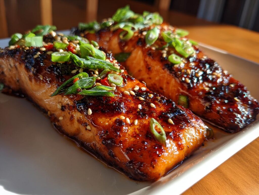 Two fillets of Sweet & Spicy Honey Garlic Salmon, glazed and garnished with sesame seeds and green onions.