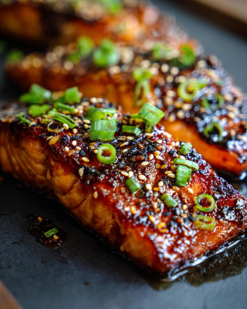 Close-up of Sweet & Spicy Honey Garlic Salmon fillets, topped with sesame seeds and green onions.