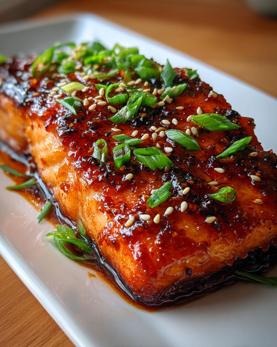 Close-up of Sweet & Spicy Honey Garlic Salmon, garnished with sesame seeds and green onions on a white plate.
