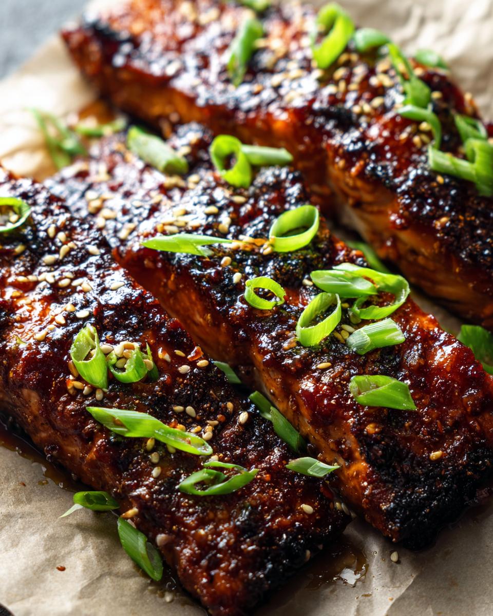 Close-up of Sweet & Spicy Honey Garlic Salmon fillets garnished with sesame seeds and green onions.
