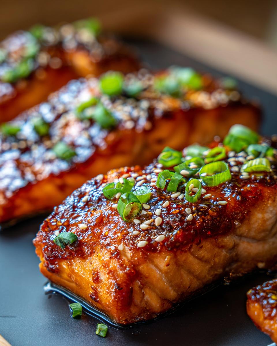 Close-up of Sweet & Spicy Honey Garlic Salmon fillets, glazed and garnished with sesame seeds and green onions.