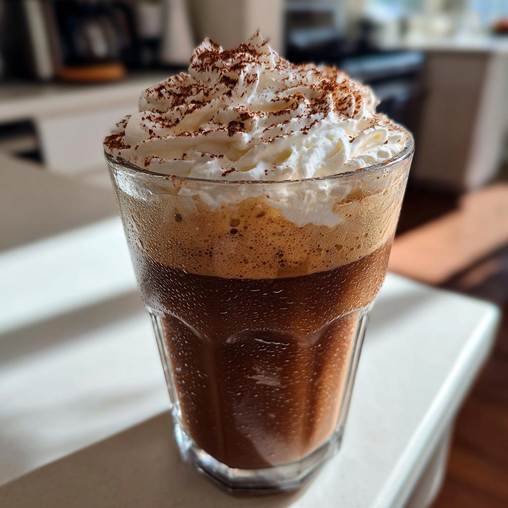 A tall glass of Tiramisu Iced Coffee topped with whipped cream and dusted with cocoa powder.