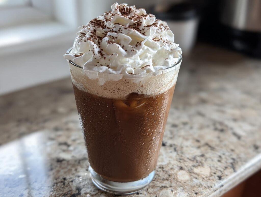 A tall glass of Tiramisu Iced Coffee topped with whipped cream and cocoa powder, condensation on the glass.