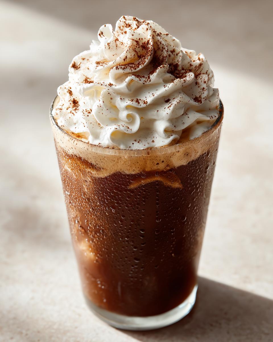 A refreshing Tiramisu Iced Coffee topped with whipped cream and a dusting of cocoa powder.