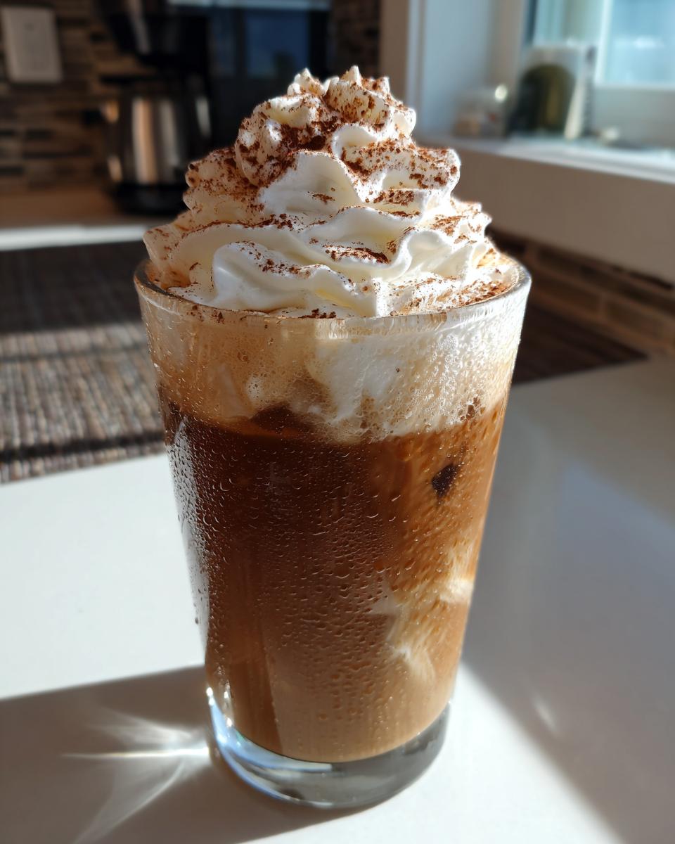 A tall glass of Tiramisu Iced Coffee topped with whipped cream and a dusting of cocoa powder.