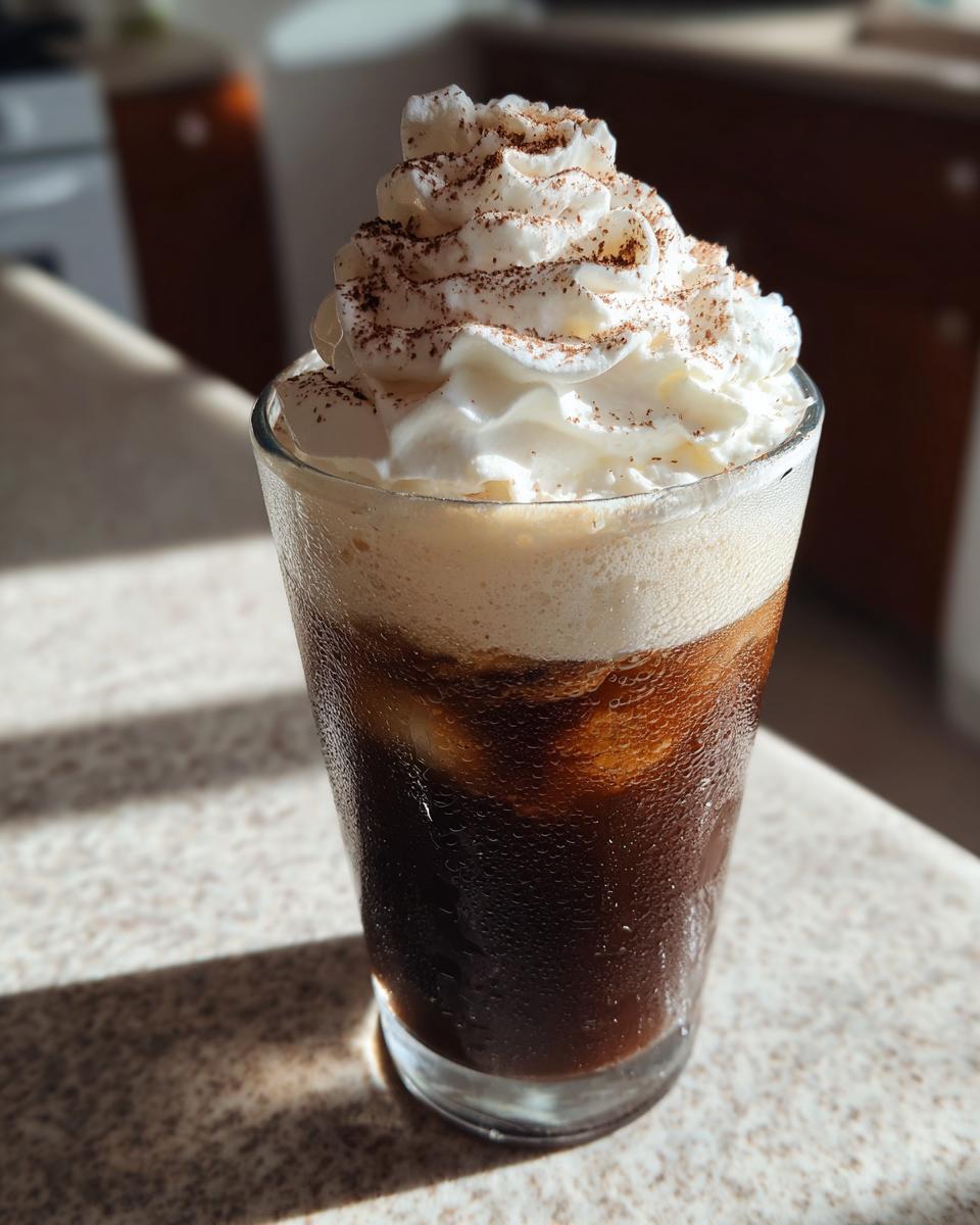 A refreshing Tiramisu Iced Coffee topped with whipped cream and a dusting of cocoa powder.