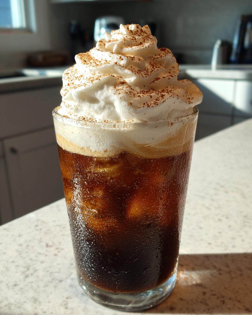 A tall glass of Tiramisu Iced Coffee filled with ice, topped with whipped cream and a dusting of cinnamon.