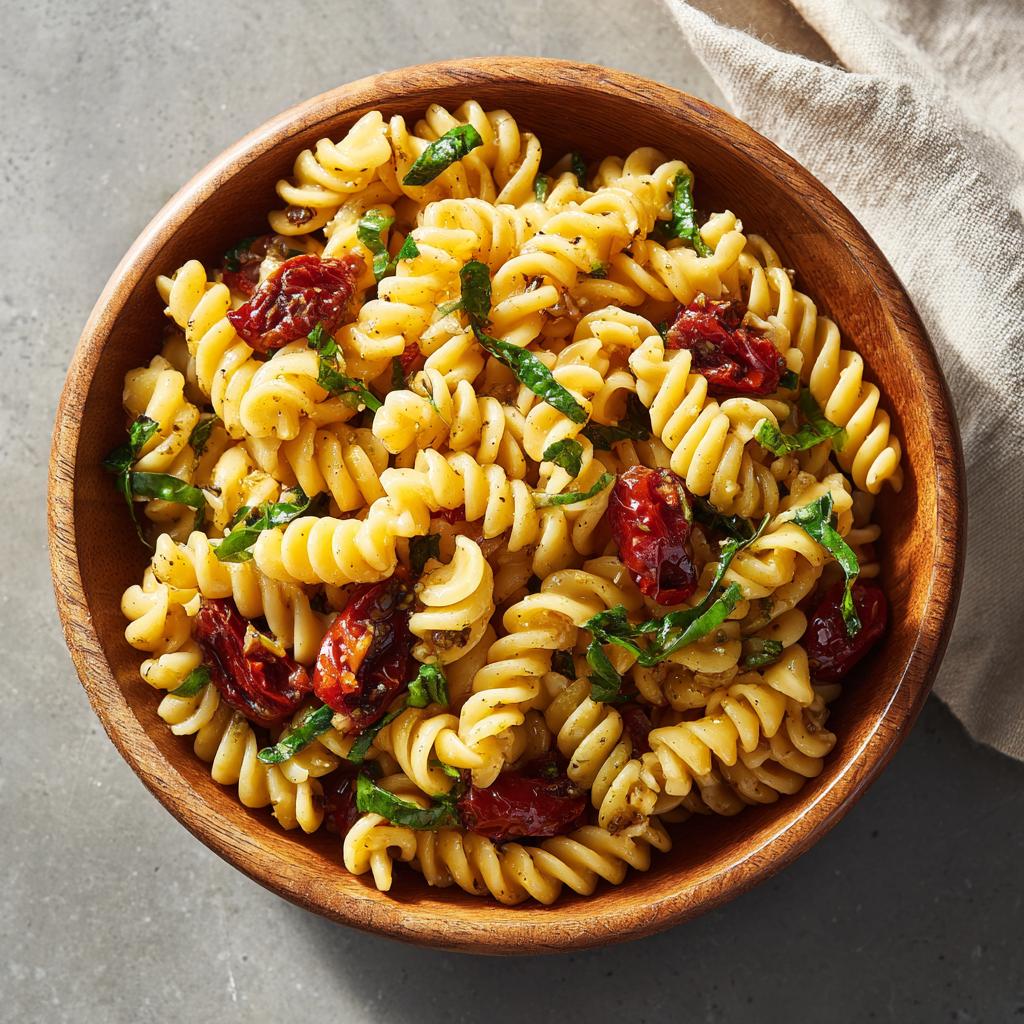Overhead view of a wooden bowl filled with tomato basil pasta salad recipes, featuring rotini pasta and fresh basil.