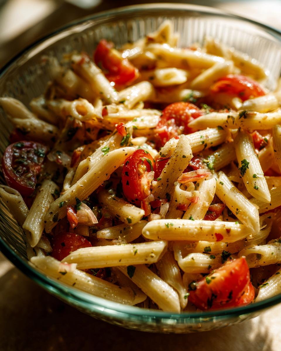 Close-up of a glass bowl filled with a vibrant tomato pasta salad. Perfect for pasta salad recipes.