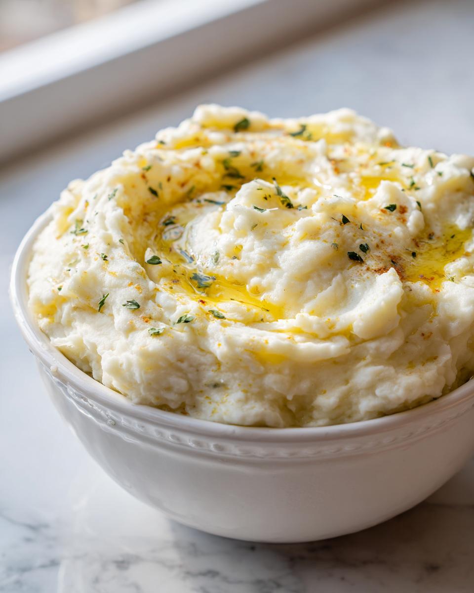 A bowl of creamy Truffle Garlic Butter Mashed Potatoes, drizzled with butter and garnished with herbs.