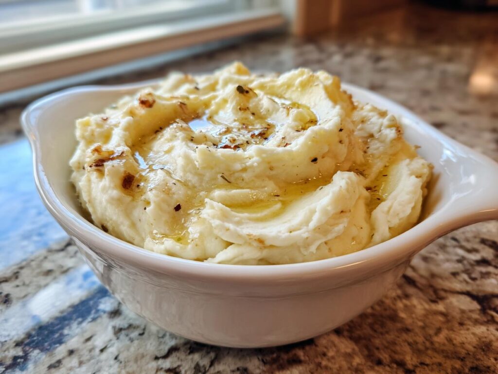 Creamy Truffle Garlic Butter Mashed Potatoes in a white bowl, drizzled with truffle oil and herbs.