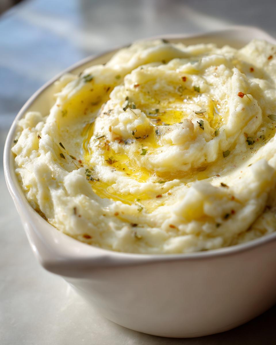 Close-up of creamy Truffle Garlic Butter Mashed Potatoes in a white bowl, drizzled with melted butter and herbs.