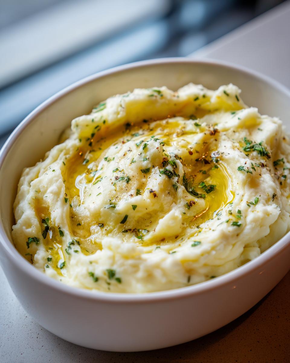 Bowl of creamy Truffle Garlic Butter Mashed Potatoes, drizzled with butter and garnished with fresh herbs.